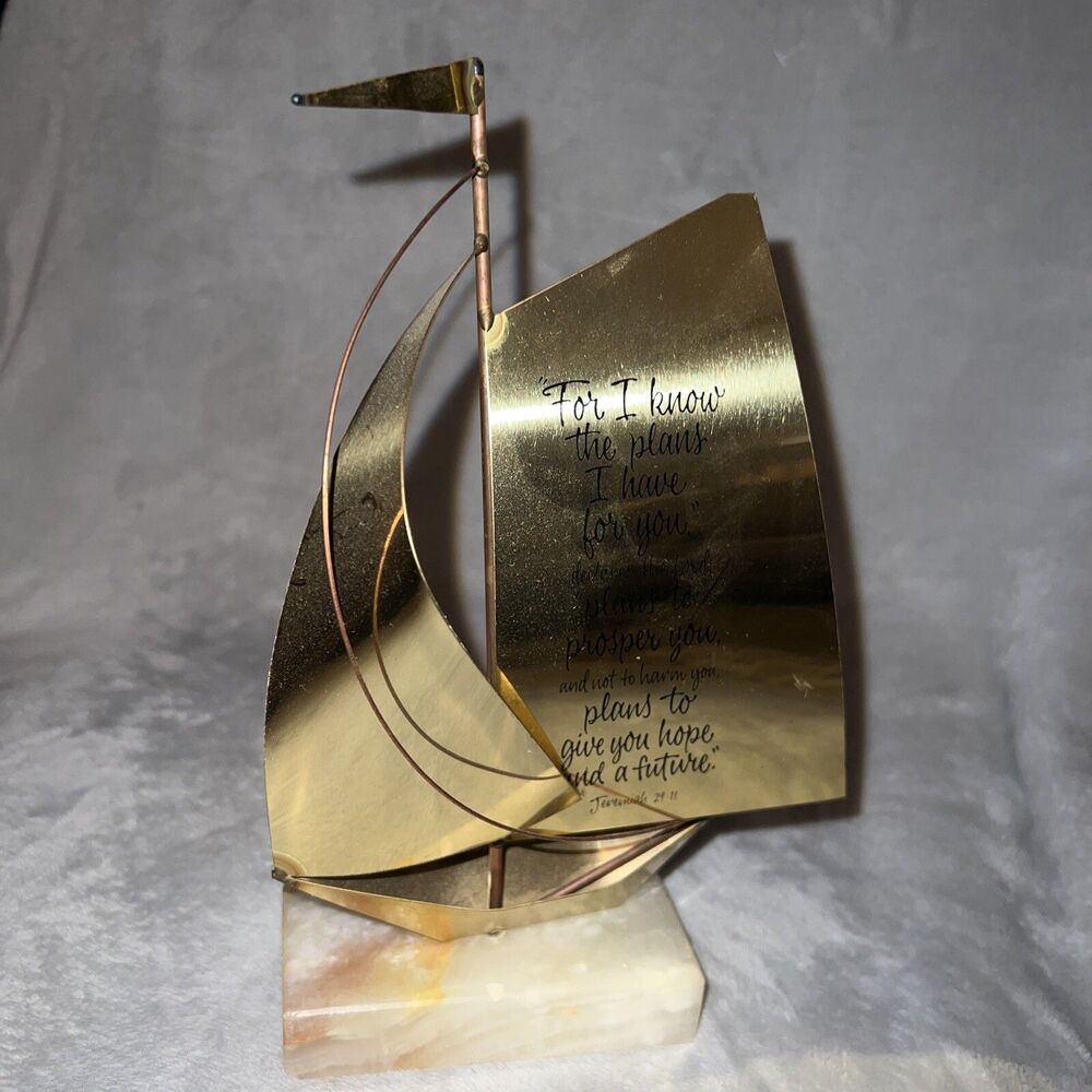 Metal Brass Sailboat 4” Marble Base X 8” High “For I Know the Plans” Vtg